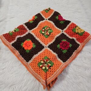 Vtg Handmade Granny Square Crochet Knitted Blanket Throw Orange 3D Rose  44”x43”